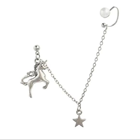 Silver Star Unicorn Hanging Chain Pearl Ear Cuff Post Earring NEW - Picture 2 of 2